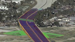 A reality mesh blended with the proposed I-95 corridor is shown here. Green represents pond grading; blue is pavement. A reality mesh blended with the proposed I-95 corridor is shown here. Green represents pond grading; blue is pavement.