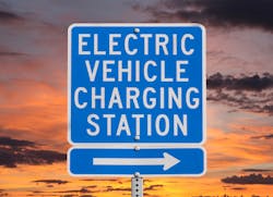 Electric Vehicle Charging Station Sign With Sunset Sky Trekandshoot