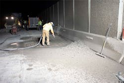 Every second a crew can save between mixing and placing Rapid Set® Concrete Mix increases worktime. HRI brings a flatbed trailer equipped with a vibratory pack to make sure the mix flows continuously from a gravity bin into a Mobile Mud Hog mixing station. Every second a crew can save between mixing and placing Rapid Set® Concrete Mix increases worktime. HRI brings a flatbed trailer equipped with a vibratory pack to make sure the mix flows continuously from a gravity bin into a Mobile Mud Hog mixing station.