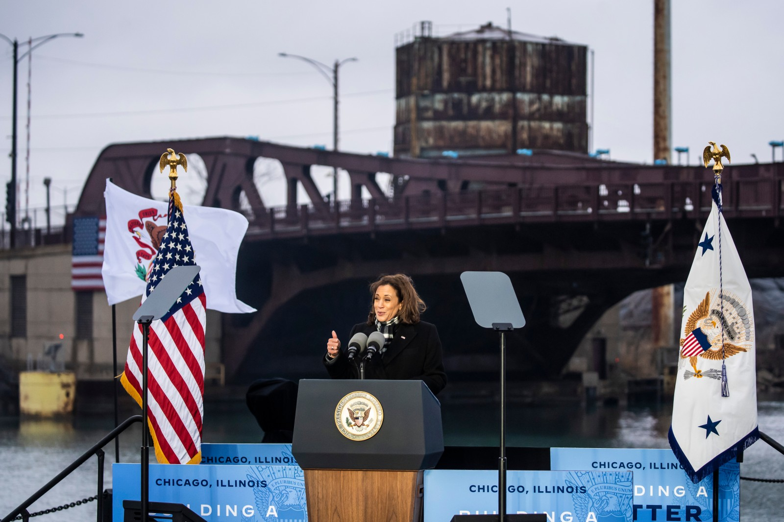 Vice President Kamala Harris speaks about the Biden administration&rsquo;s infrastructure investments on a visit Wednesday to Crowley&rsquo;s Boat Yard, across from the 95th Street Bridge on the Southeast Side.
