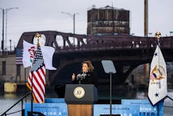 Vice President Kamala Harris speaks about the Biden administration’s infrastructure investments on a visit Wednesday to Crowley’s Boat Yard, across from the 95th Street Bridge on the Southeast Side. Vice President Kamala Harris speaks about the Biden administration’s infrastructure investments on a visit Wednesday to Crowley’s Boat Yard, across from the 95th Street Bridge on the Southeast Side.