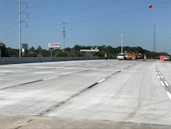 For the 1-85 project, the concrete mix design enabled a three-day curing period vs. the typical seven days, with minimal cracking. For the 1-85 project, the concrete mix design enabled a three-day curing period vs. the typical seven days, with minimal cracking.