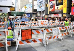 Road construction in Manhattan next to Times Square.