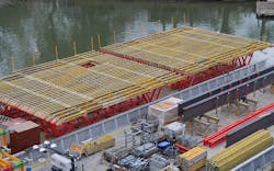 PERI USA’s GT 24 formwork girders attached to the VARIOKIT trusses were decked with plywood to support and form the strut. PERI USA’s GT 24 formwork girders attached to the VARIOKIT trusses were decked with plywood to support and form the strut.
