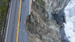 Cones mark a break in the southbound lane of Highway 1 at Rocky Creek Bridge in Big Sur, Calif., Monday, April 1, 2024, following an Easter weekend storm. (AP Photo/Nic Coury)