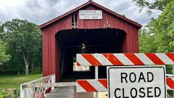 The Red Covered Bridge in Northern Illinois has been closed since a vehicle strike in 2023. The Red Covered Bridge in Northern Illinois has been closed since a vehicle strike in 2023.