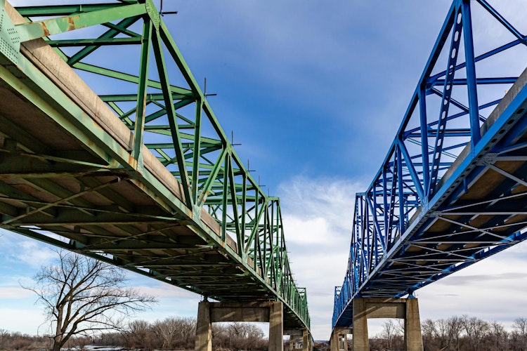 The Mormon Bridge spanning across the Missouri River in Omaha, Nebraska.