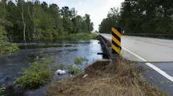 Water rising under a bridge after Hurricane Florence near Fayetteville, North Carolina in 2018.