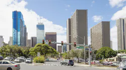 Cityscape view of downtown Honolulu at the intersection of Vineyard Boulevard on HI-98 and the Pali Highway, Oahu, Hawaii.