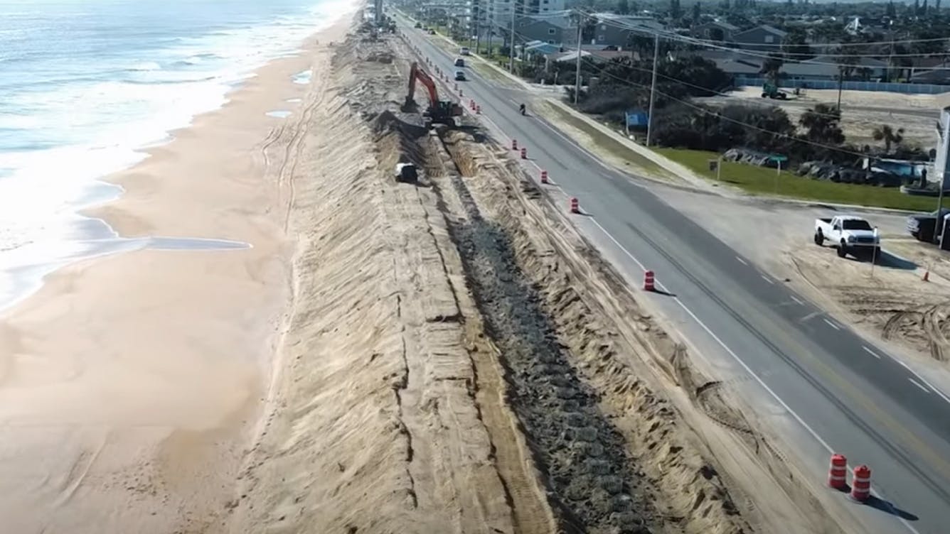 Construction on the Florida State Road A1A seawall project in Flagler County, Florida.