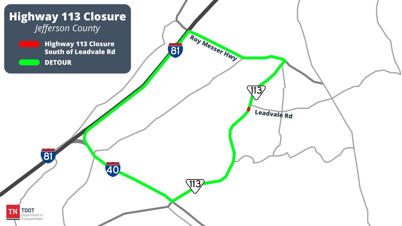 A map highlighting the detour route around a road closure on State Route 113 in Jefferson County, Tennessee, as directed by the Tennessee Department of Transportation.