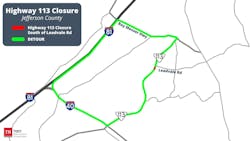 A map highlighting the detour route around a road closure on State Route 113 in Jefferson County, Tennessee, as directed by the Tennessee Department of Transportation. A map highlighting the detour route around a road closure on State Route 113 in Jefferson County, Tennessee, as directed by the Tennessee Department of Transportation.