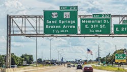 Interstate 44 in Tulsa, Oklahoma showing roadway exits to to various other highways in the state. Interstate 44 in Tulsa, Oklahoma showing roadway exits to to various other highways in the state.
