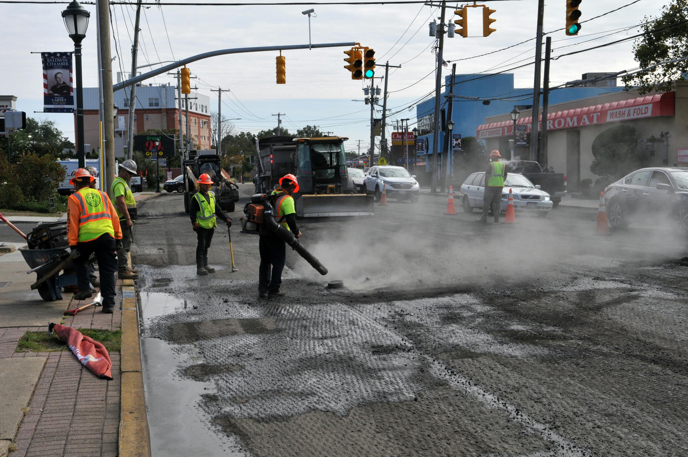 Crews repaving a mile-long stretch of Grand Avenue in Baldwin, NY.