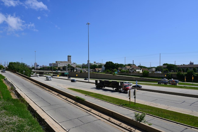 Interstate-94 running through Milwaukee, Wisconsin, with views of the city's skyline.