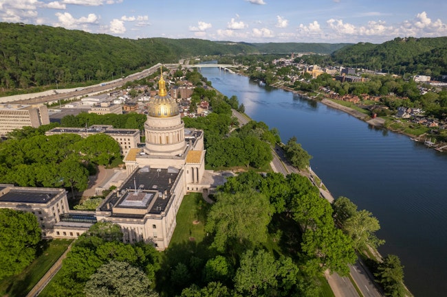 A view of the West Virginia State Capitol building in Charleston, W. Va., where it sits along the Kanawha River.