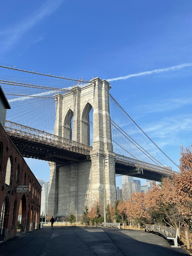 The Brooklyn side tower of the Brooklyn Bridge.