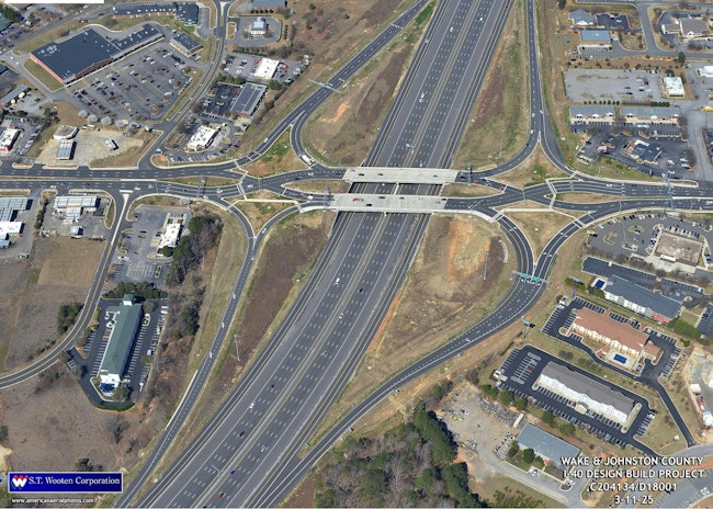 An aerial view of one of the reconstructed Diverging Diamond Interchange part of the I-40 Widening project in Raleigh, North Carolina.