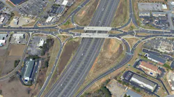 An aerial view of one of the reconstructed Diverging Diamond Interchange part of the I-40 Widening project in Raleigh, North Carolina.