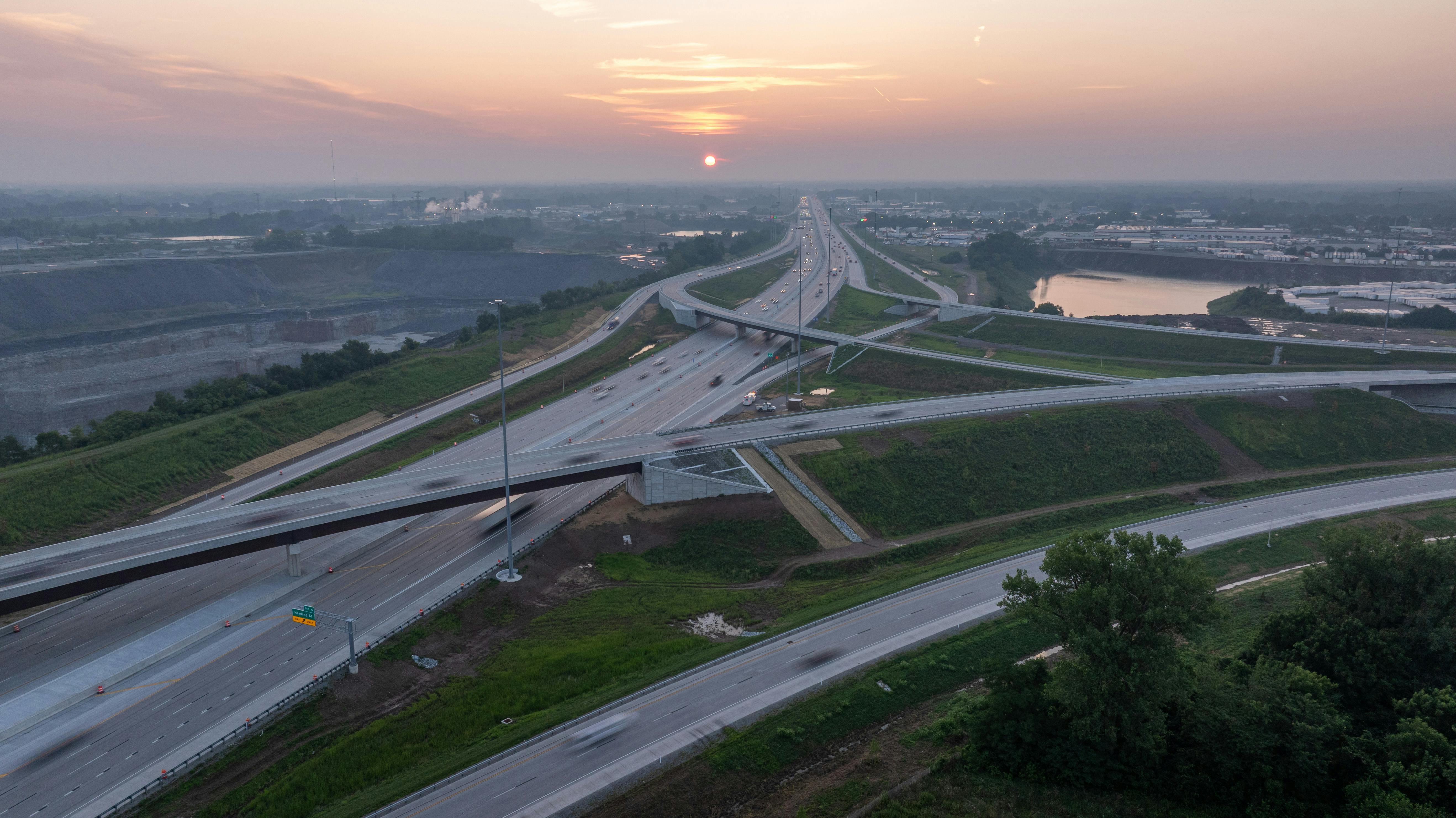 An aerial view of the 26-mile I-69 Finish Line Project in Indianapolis, Indiana.