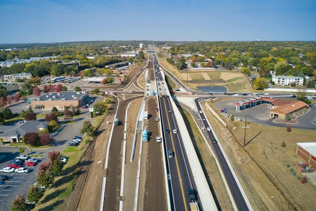 An aerial view of the roadway reconstructed in the 169 Redefine &mdash; Elk River project in Elk River, Minnesota.