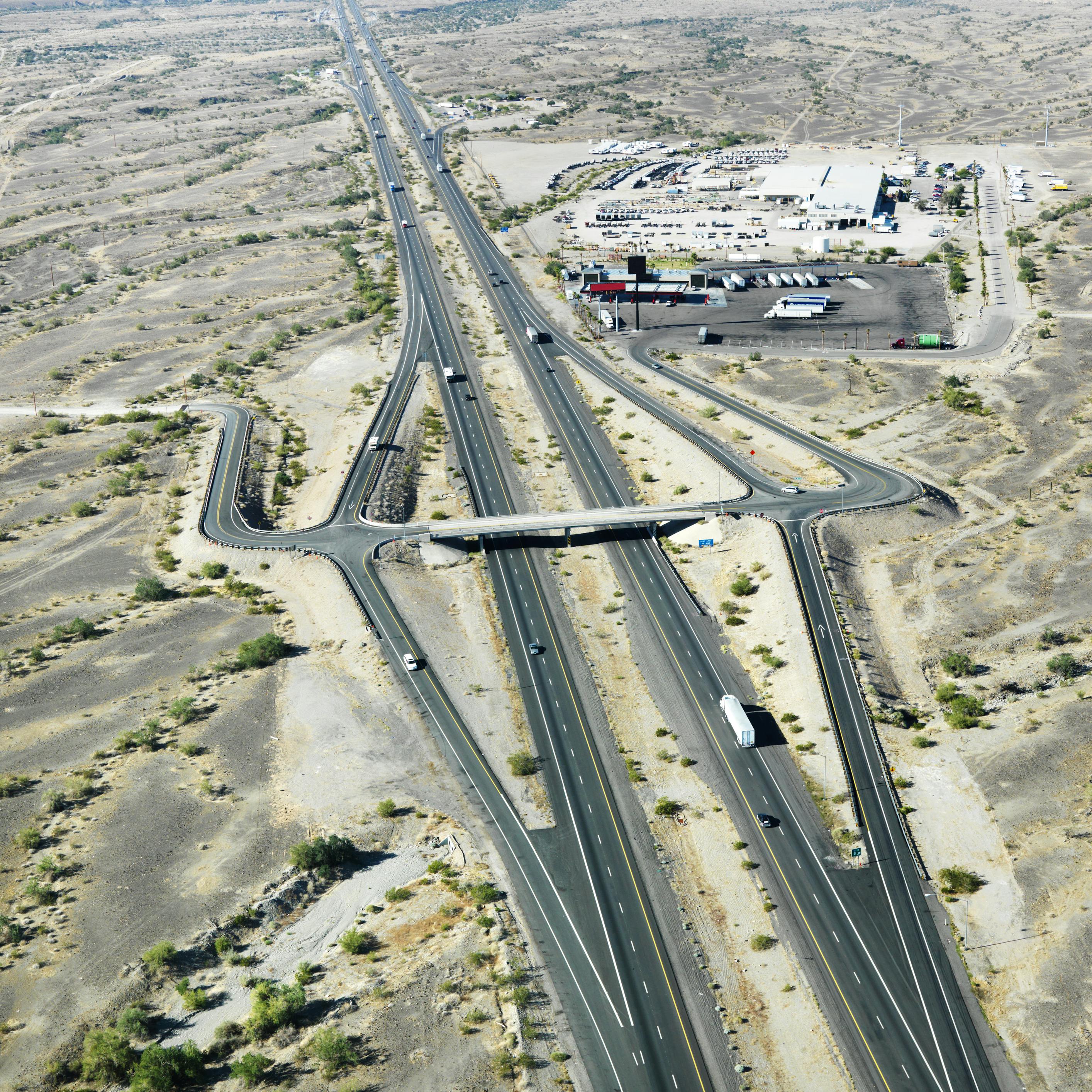 An aerial view of Interstate-10 cutting through the deserts in southwestern Arizona.