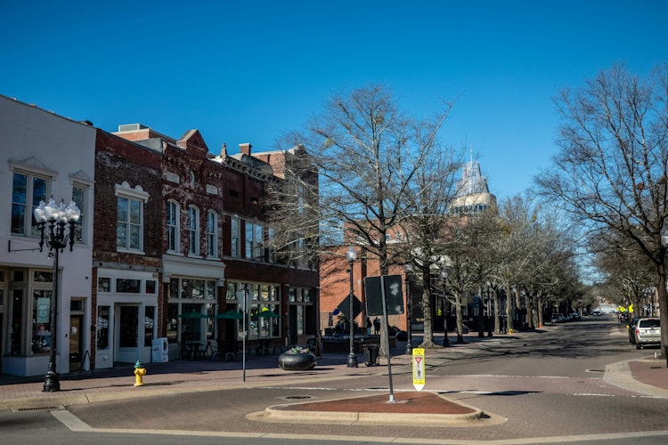 A view of a streetscape in Fayetteville, N.C., where a triangle in the roadway is shown.