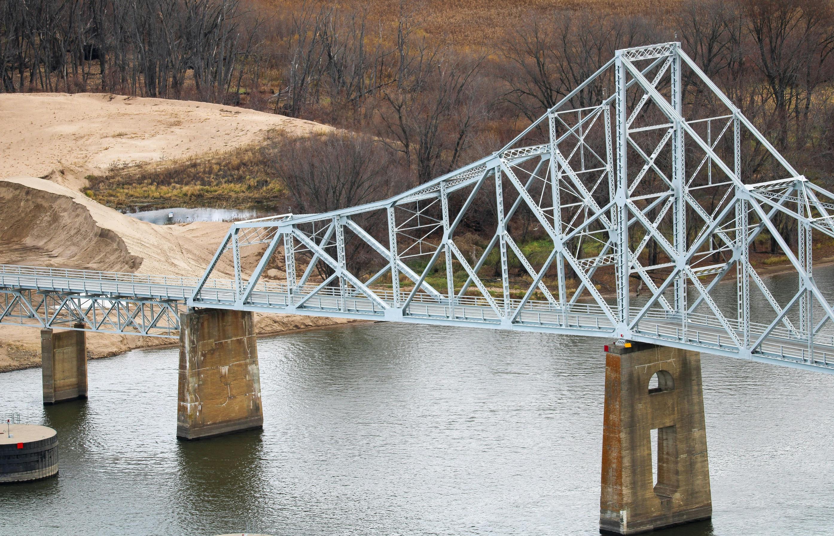 The Black Hawk Bridge crossing over the Mississippi River from Wisconsin to Iowa.