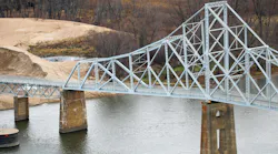 The Black Hawk Bridge crossing over the Mississippi River from Wisconsin to Iowa.