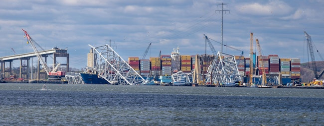 A panoramic view of the Francis Scott Key Bridge in Maryland following its 2024 collapse.