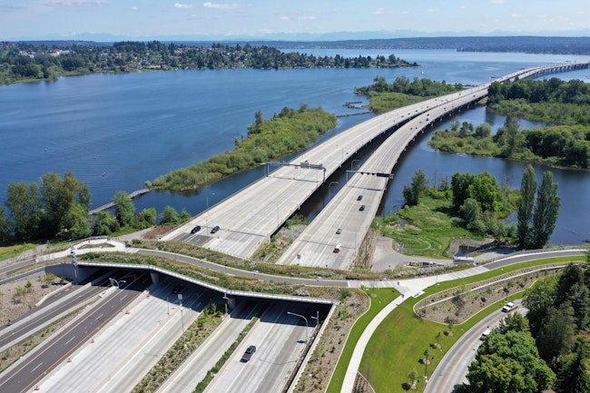 An aerial view of the new SR 520 Montlake Lid and Bridge in Seattle, Washington.