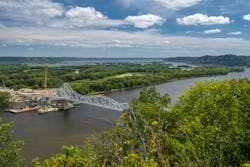 A view of the Black Hawk Bridge from the Lansing, Iowa side of the Mississippi River. A view of the Black Hawk Bridge from the Lansing, Iowa side of the Mississippi River.