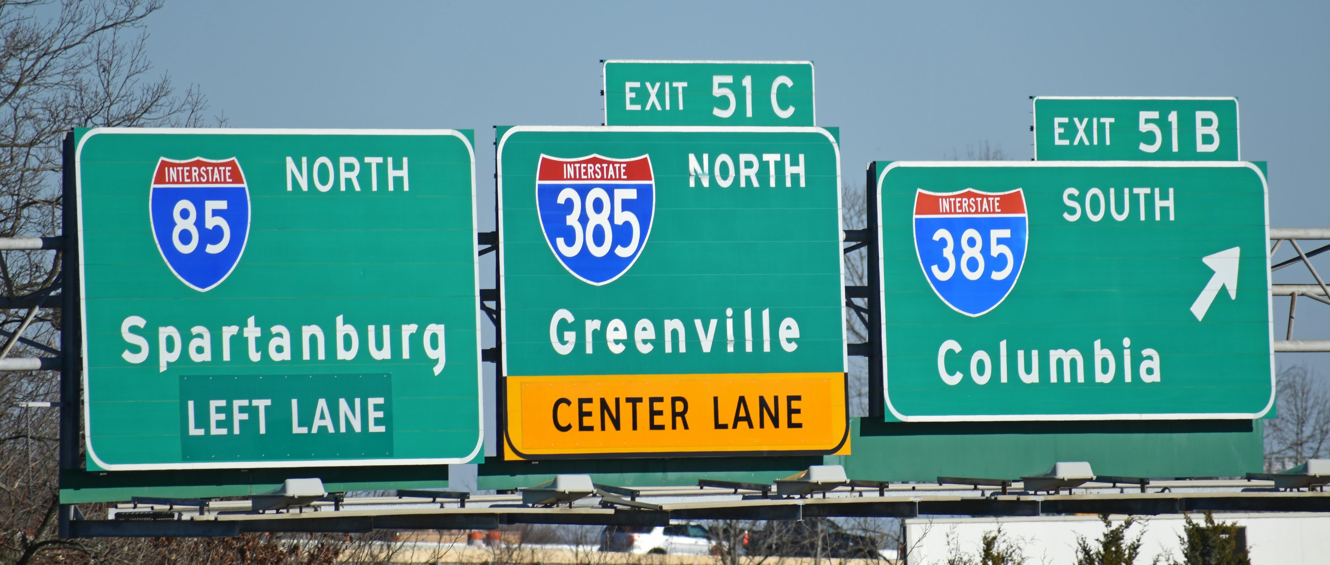Road signs on Interstate 85 in South Carolina.