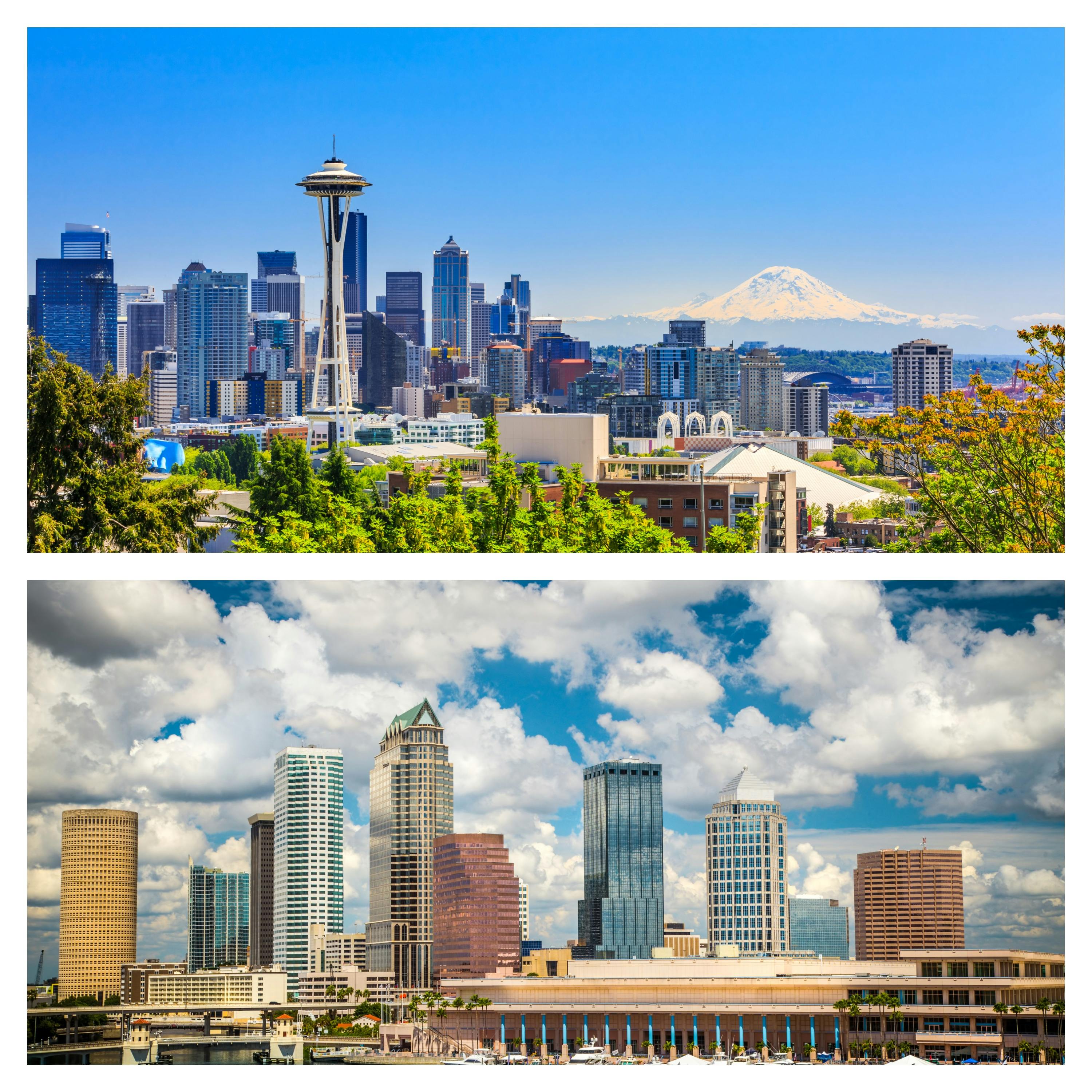 Seattle's skyline in the top photo, and Tampa's skyline on the bottom
