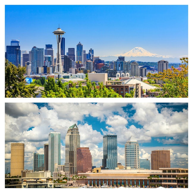 Seattle's skyline in the top photo, and Tampa's skyline on the bottom
