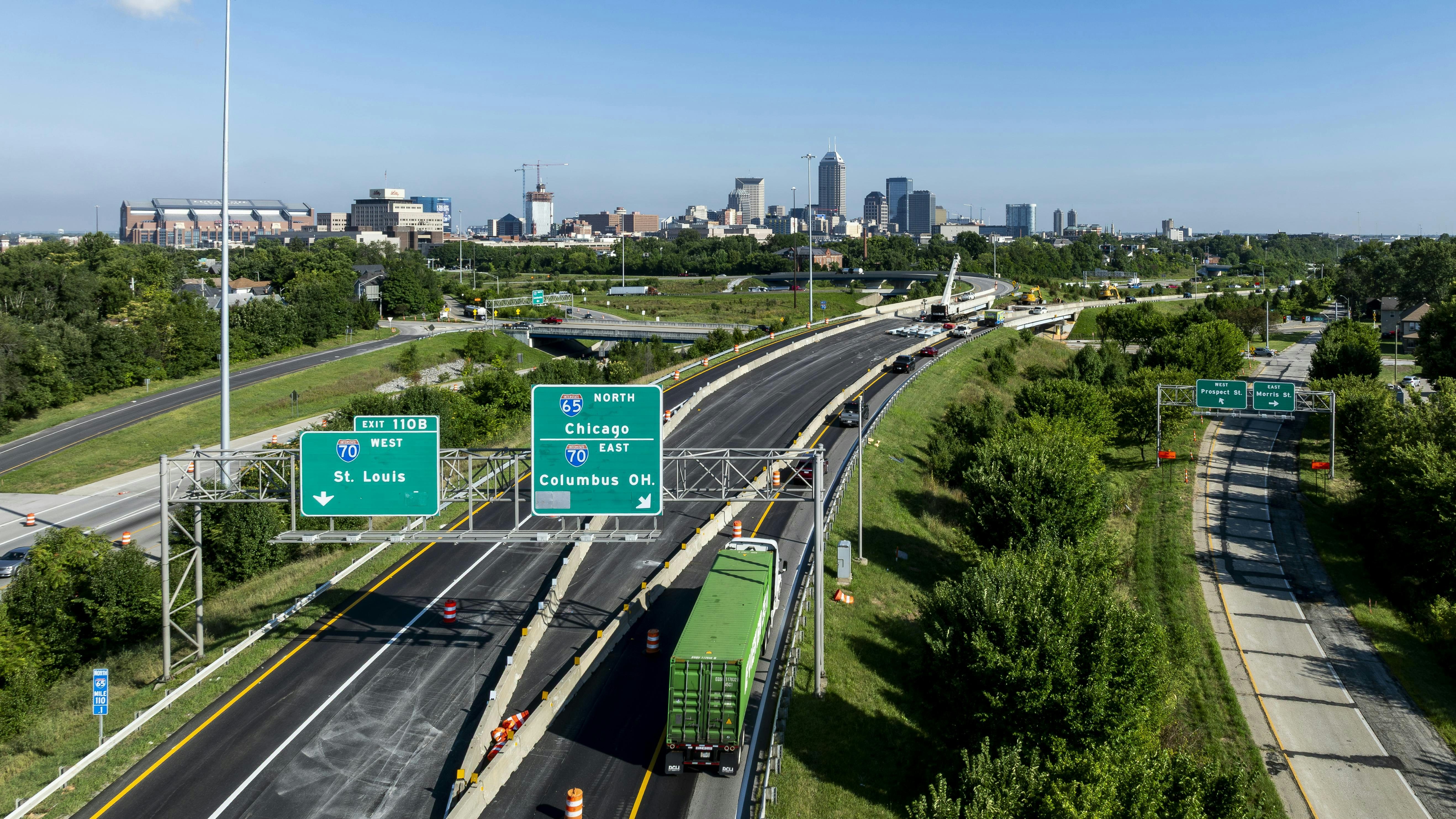 An aerial view of Interstate 70 passing through downtown Indianapolis.