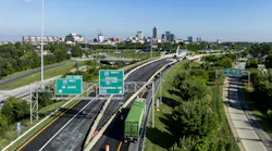 An aerial view of Interstate 70 passing through downtown Indianapolis.