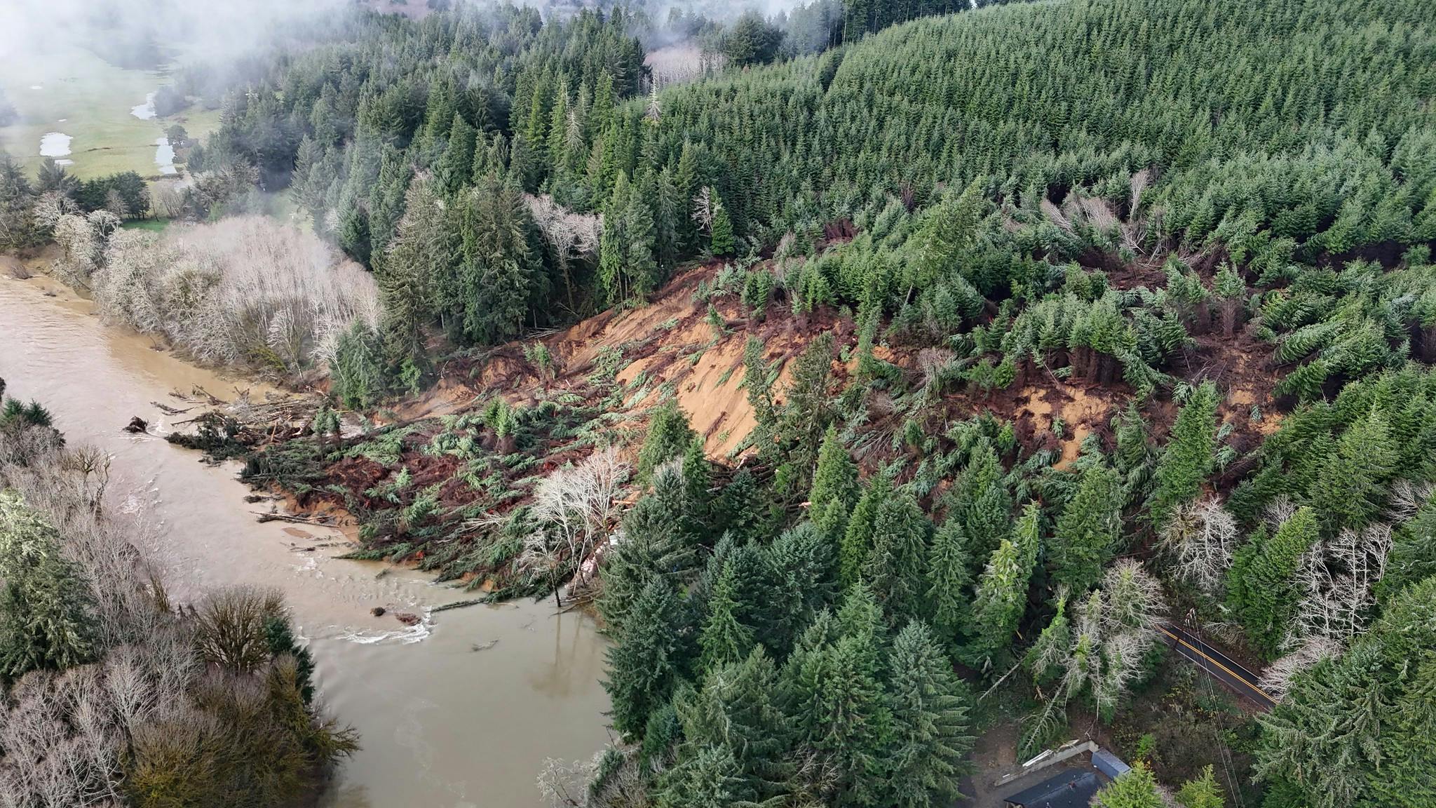 A landslide covers a section of Oregon Route 229.