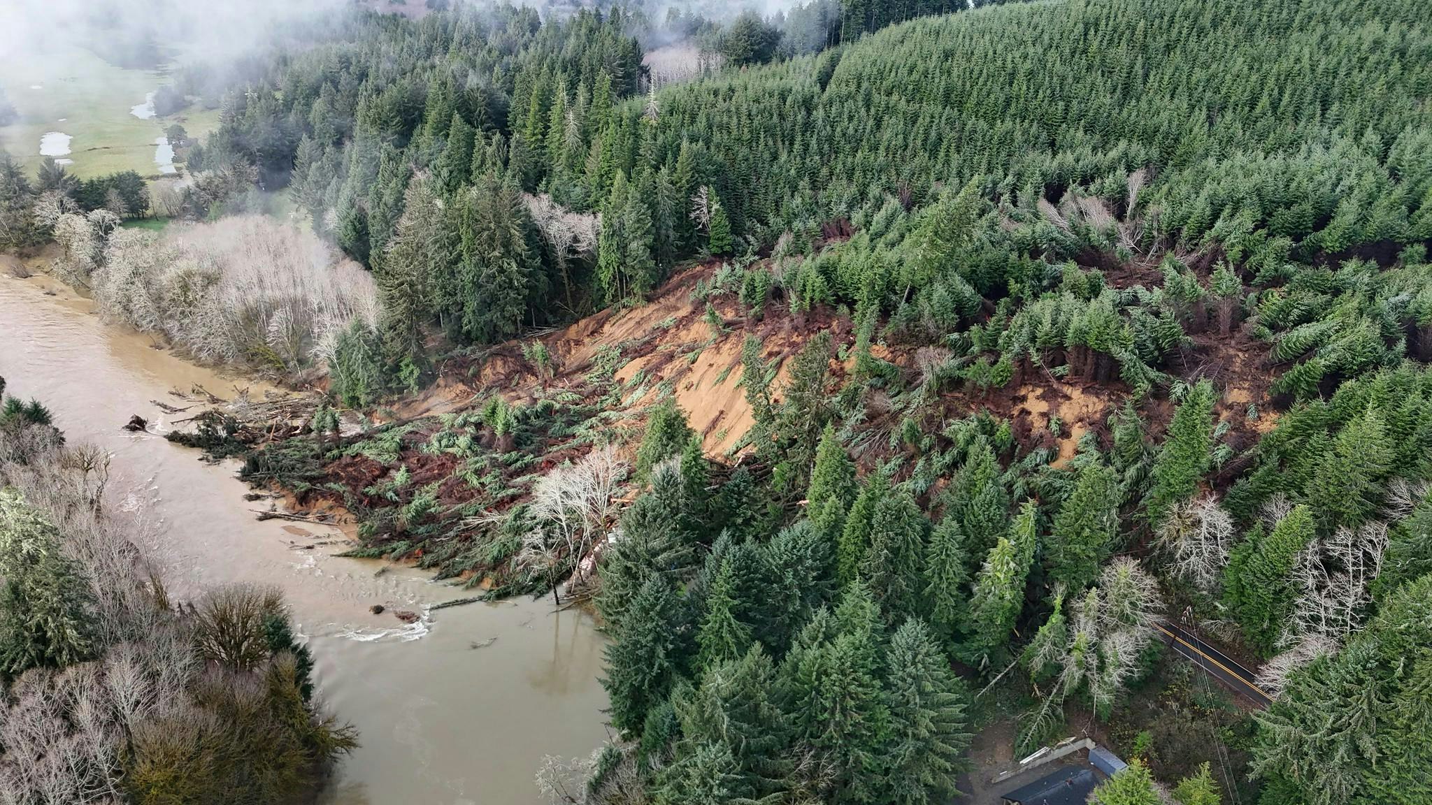 A landslide covers a section of Oregon Route 229.