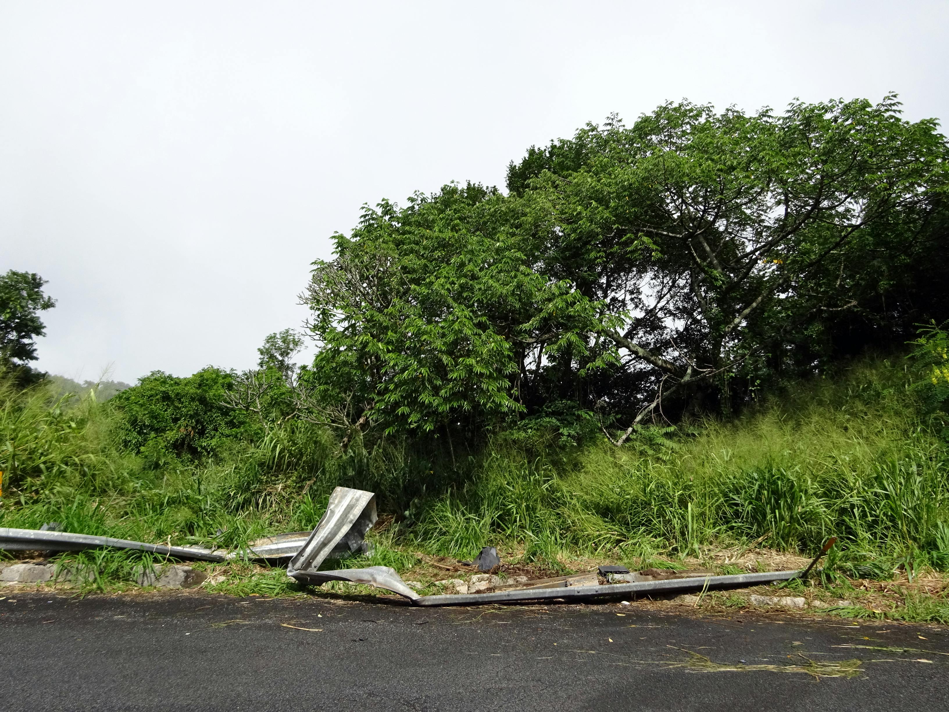 A broken guardrail on a mountain road on the Hawaiian island of Oahu.