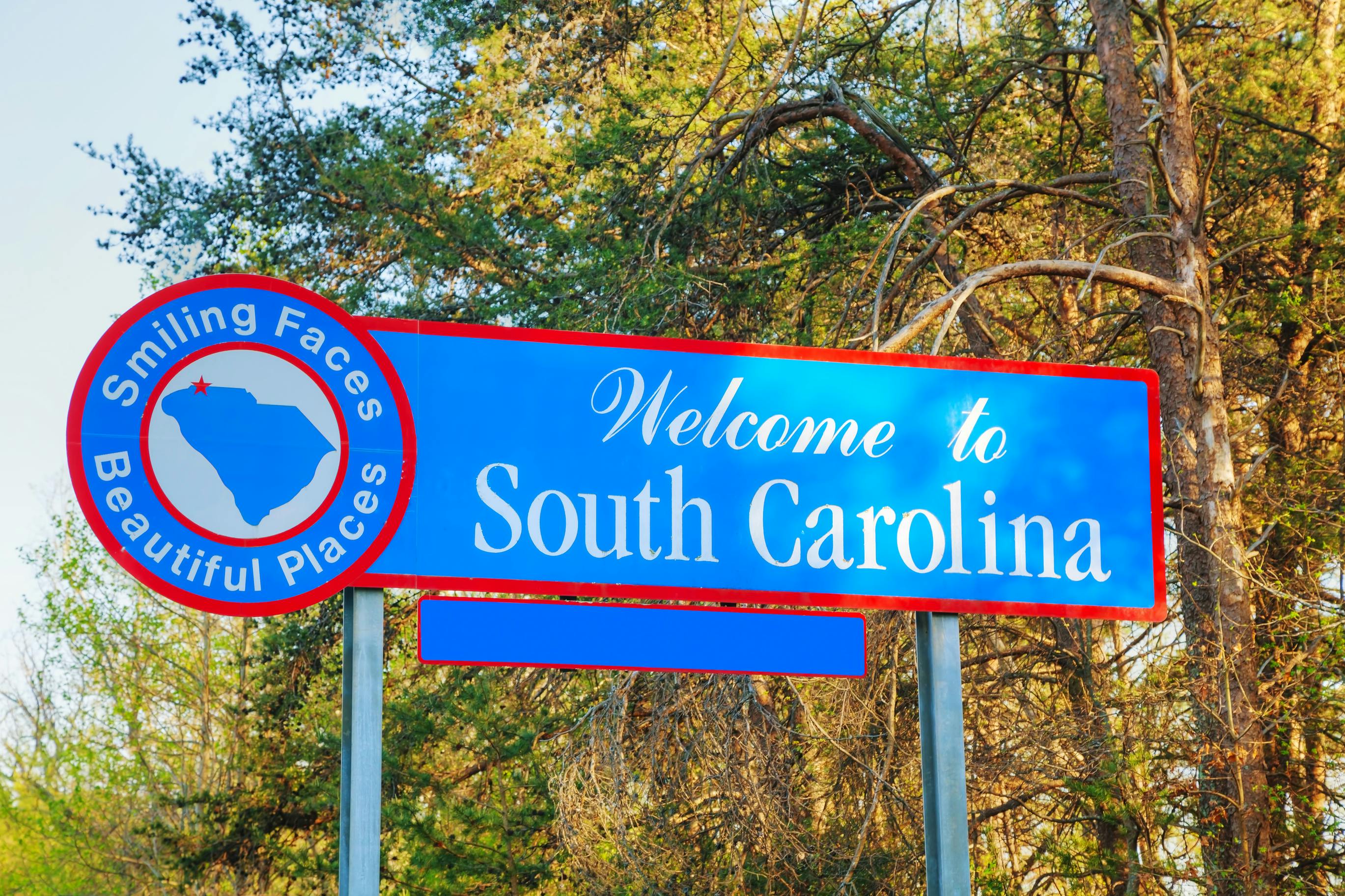 A Welcome to South Carolina sign on the side of the roadway.