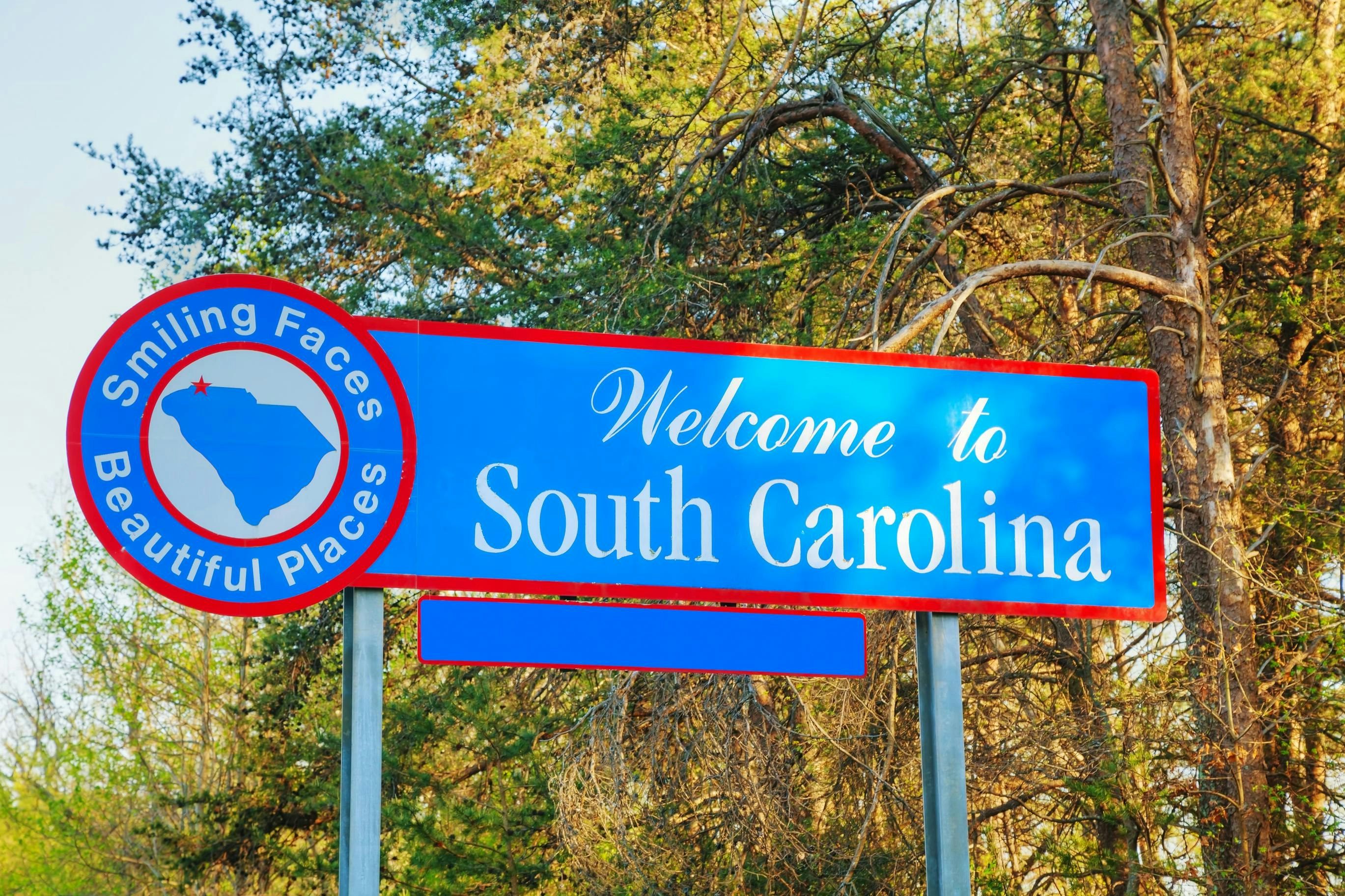 A Welcome to South Carolina sign on the side of the roadway.