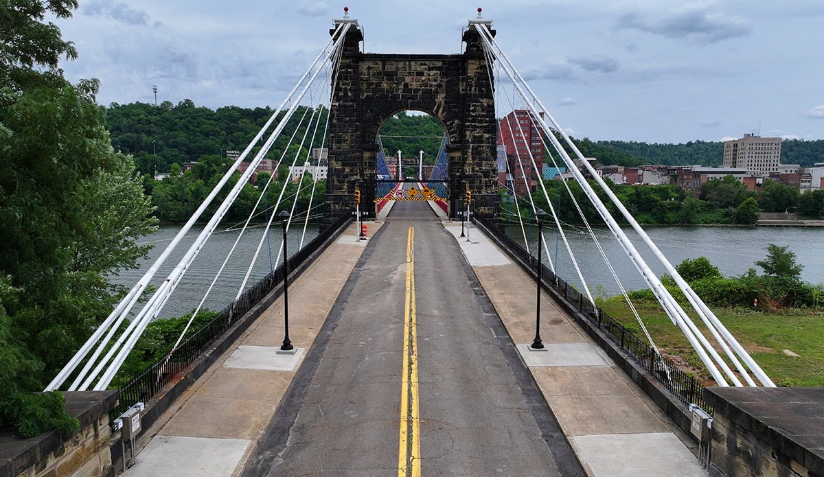 The Wheeling Suspension Bridge spans the Ohio River in Wheeling, W.V.