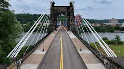 The Wheeling Suspension Bridge spans the Ohio River in Wheeling, W.V.