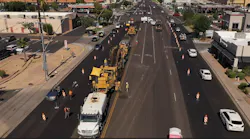 An aerial view of Southern Avenue being repaved using a multi-unit Cold Recycle train.