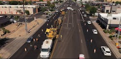 An aerial view of Southern Avenue being repaved using a multi-unit Cold Recycle train. An aerial view of Southern Avenue being repaved using a multi-unit Cold Recycle train.