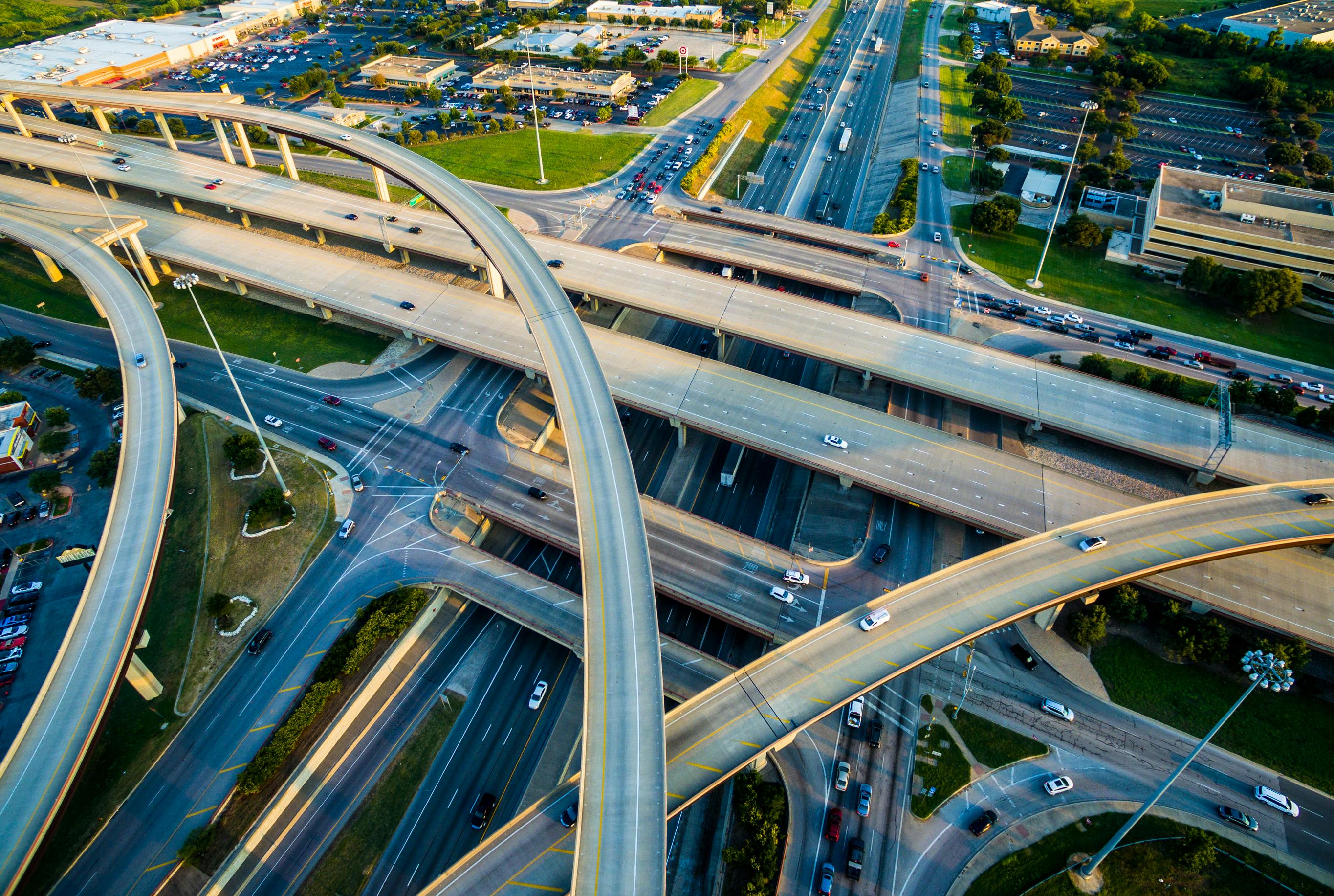 An aerial view of an Interstate 35 interchange.