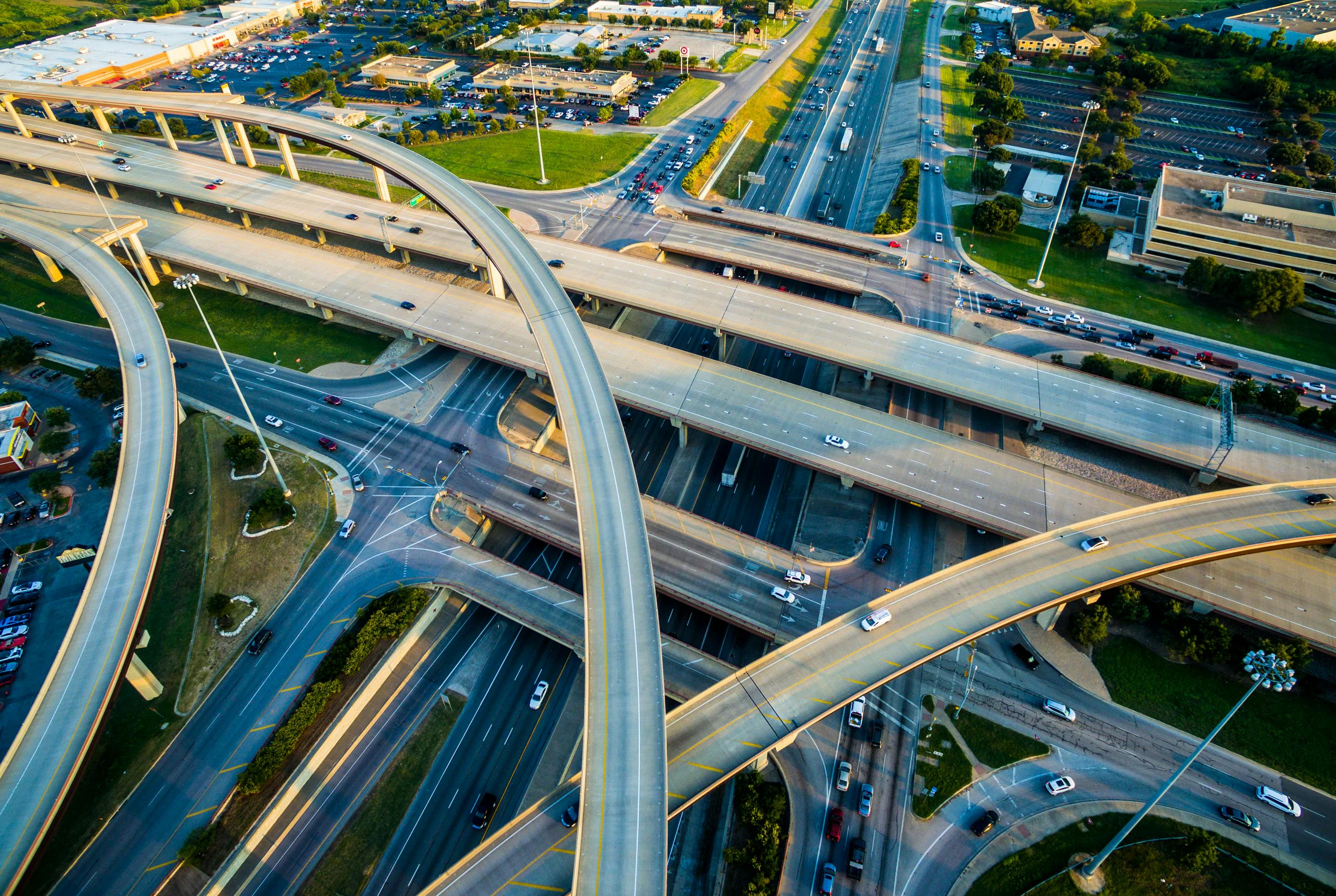 An aerial view of an Interstate 35 interchange.