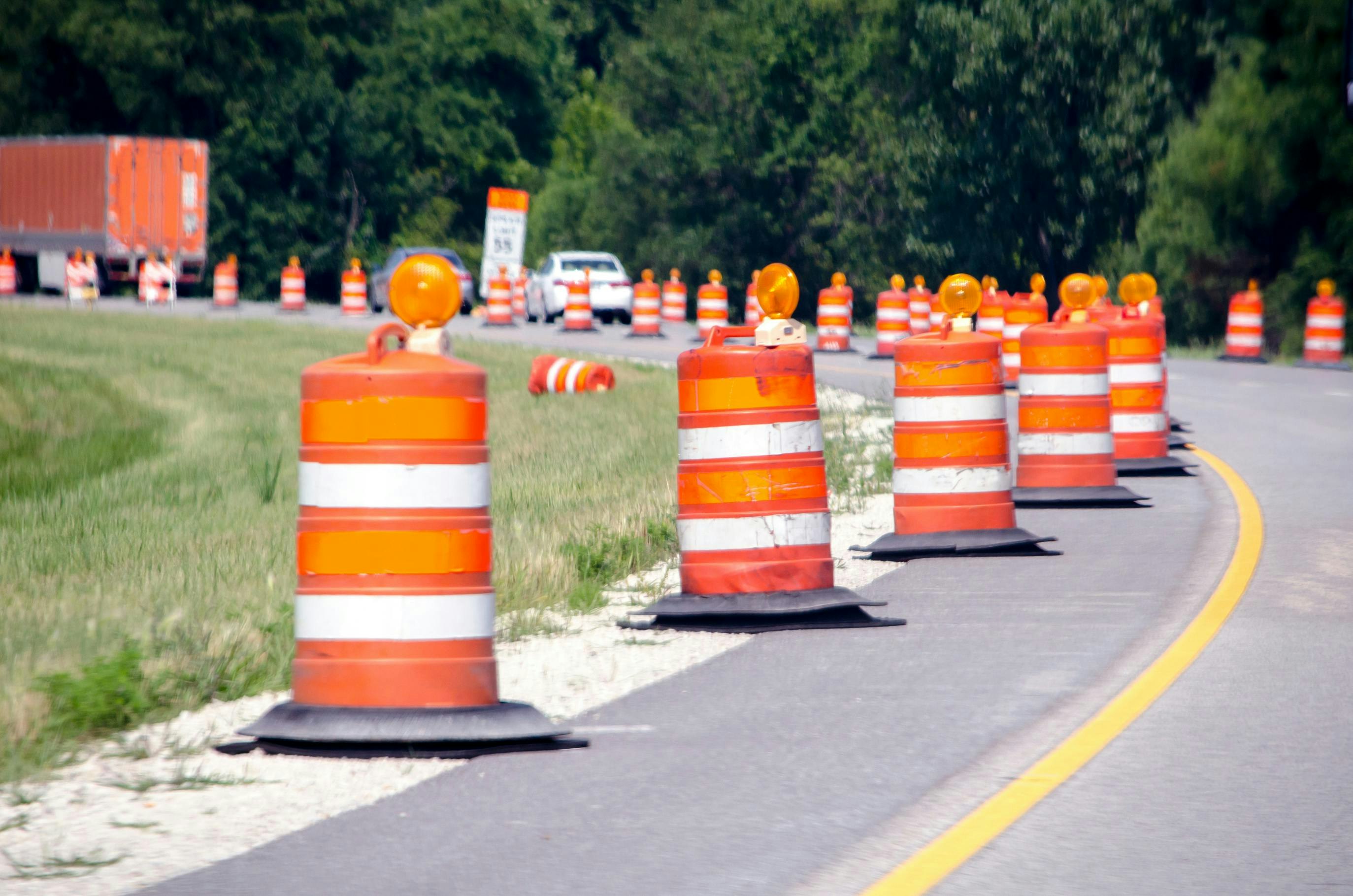 A work zone along a roadway.