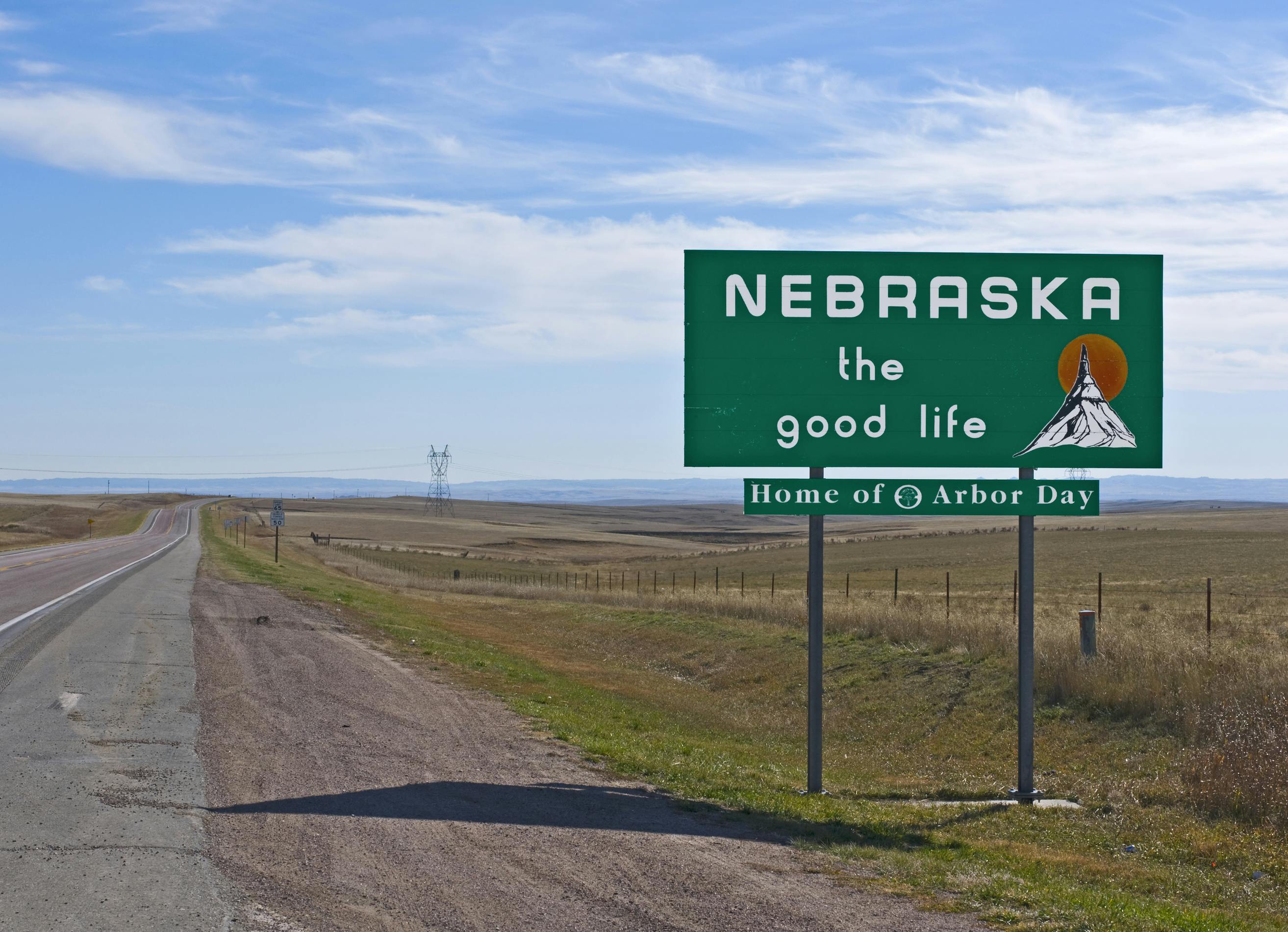 A welcome sign at the Nebraska state line